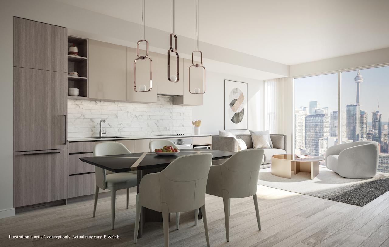 Rendering of 55 Mercer condos interior medium coloured cabinetry.