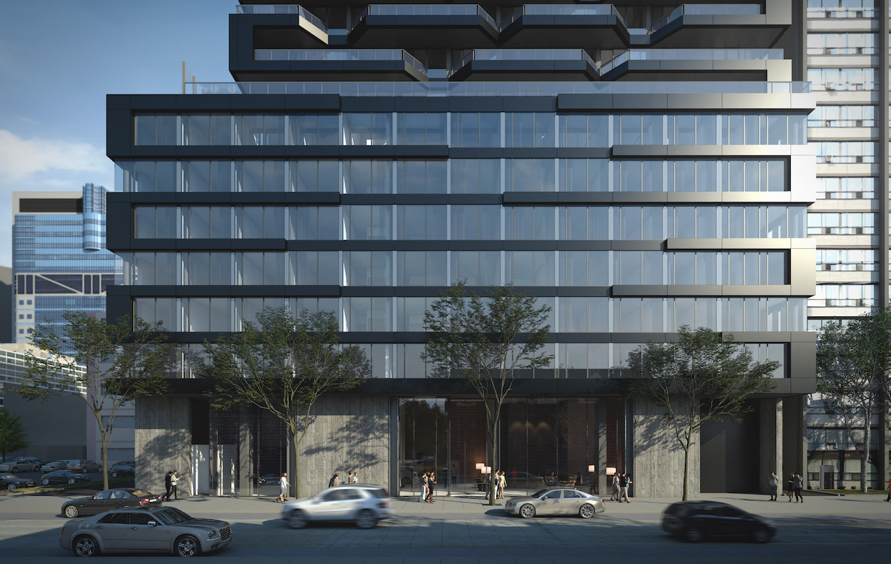Exterior rendering of The Bread Company Condos building base with entrance to lobby.