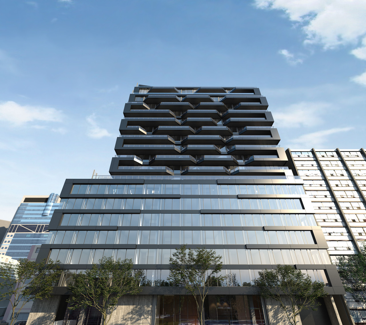 Exterior rendering of The Bread Company Condos view from bottom-up.
