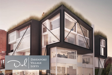Exterior rendering of Davenport Village Lofts with logo overlay.