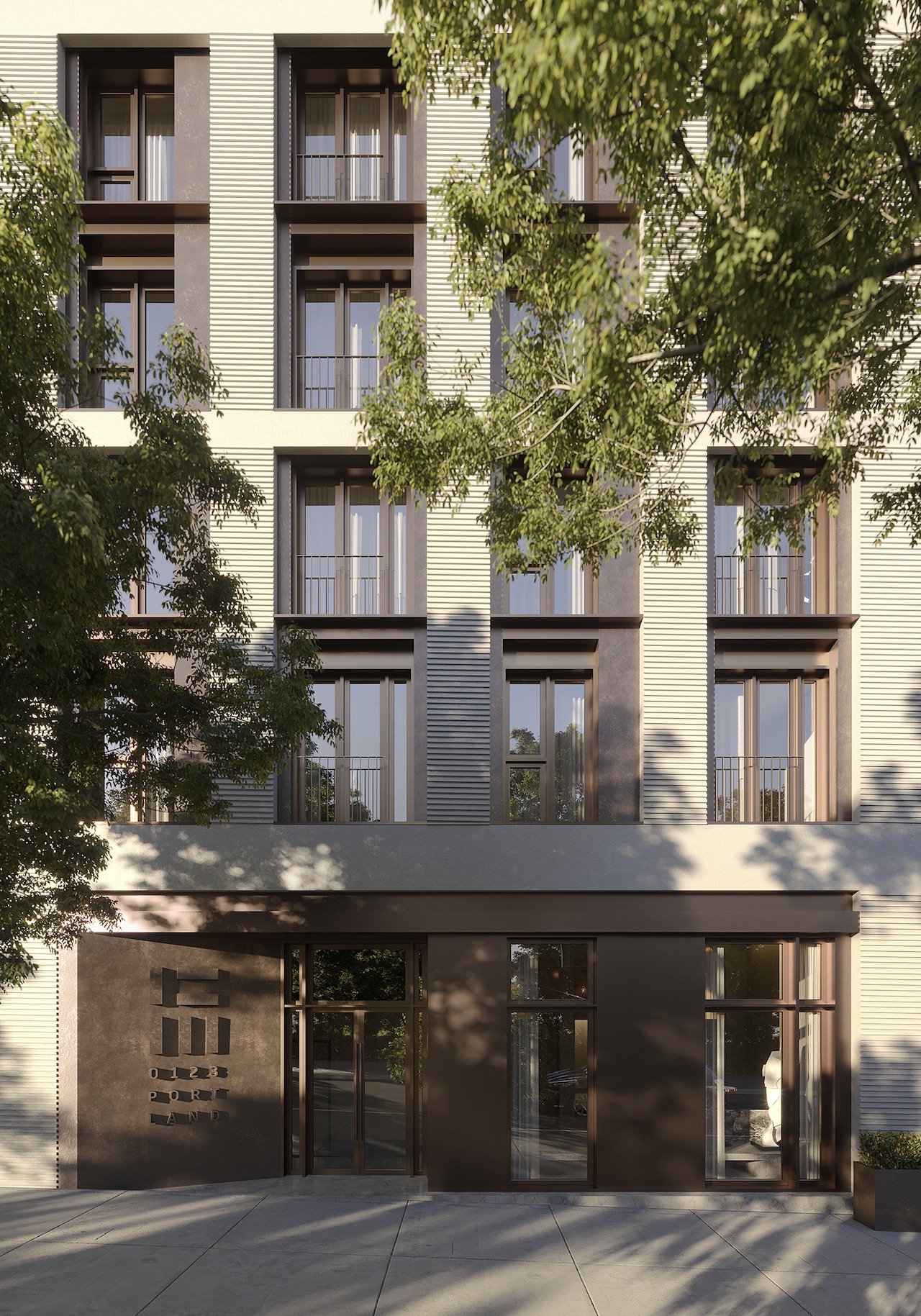 Exterior rendering of 123 Portland condos building side and entrance.