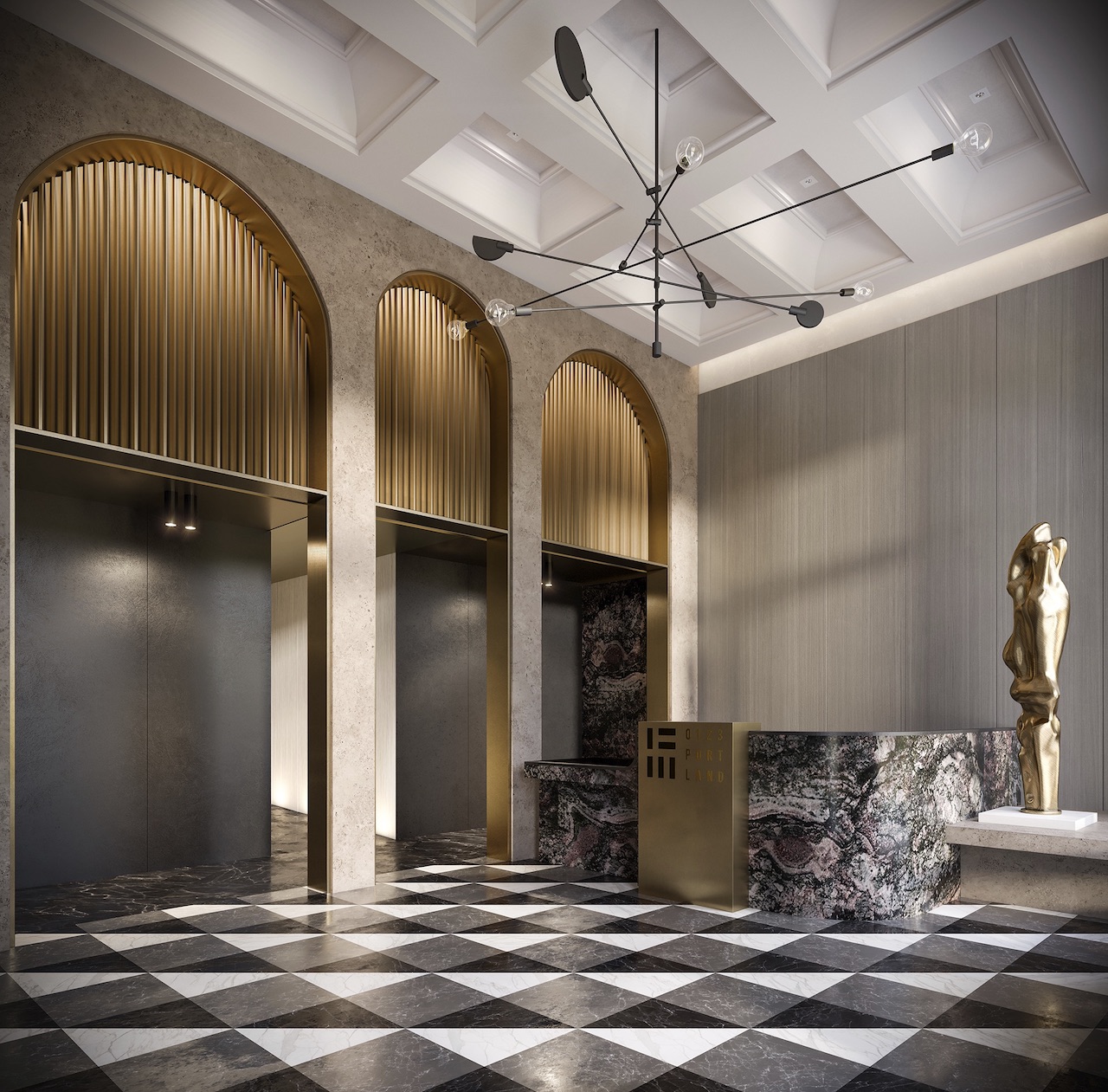Interior rendering of 123 Portland condos building lobby.