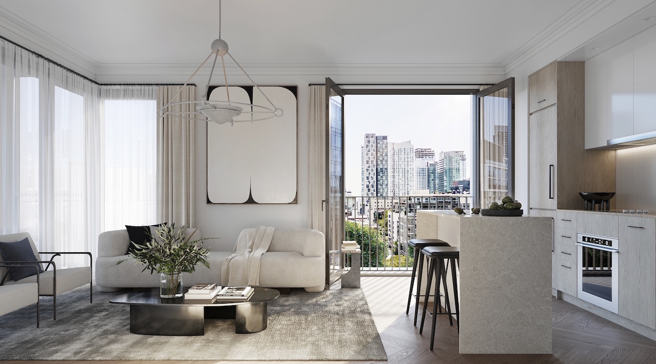 Interior rendering of 123 Portland condos open-concept suite.