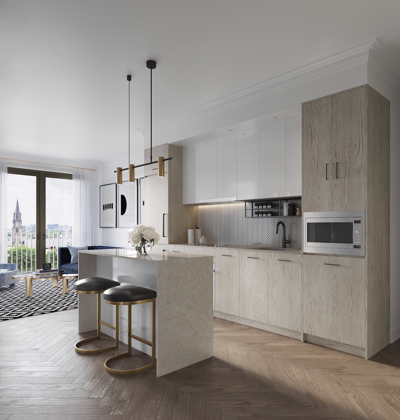 Interior rendering of 123 Portland condos suite kitchen.