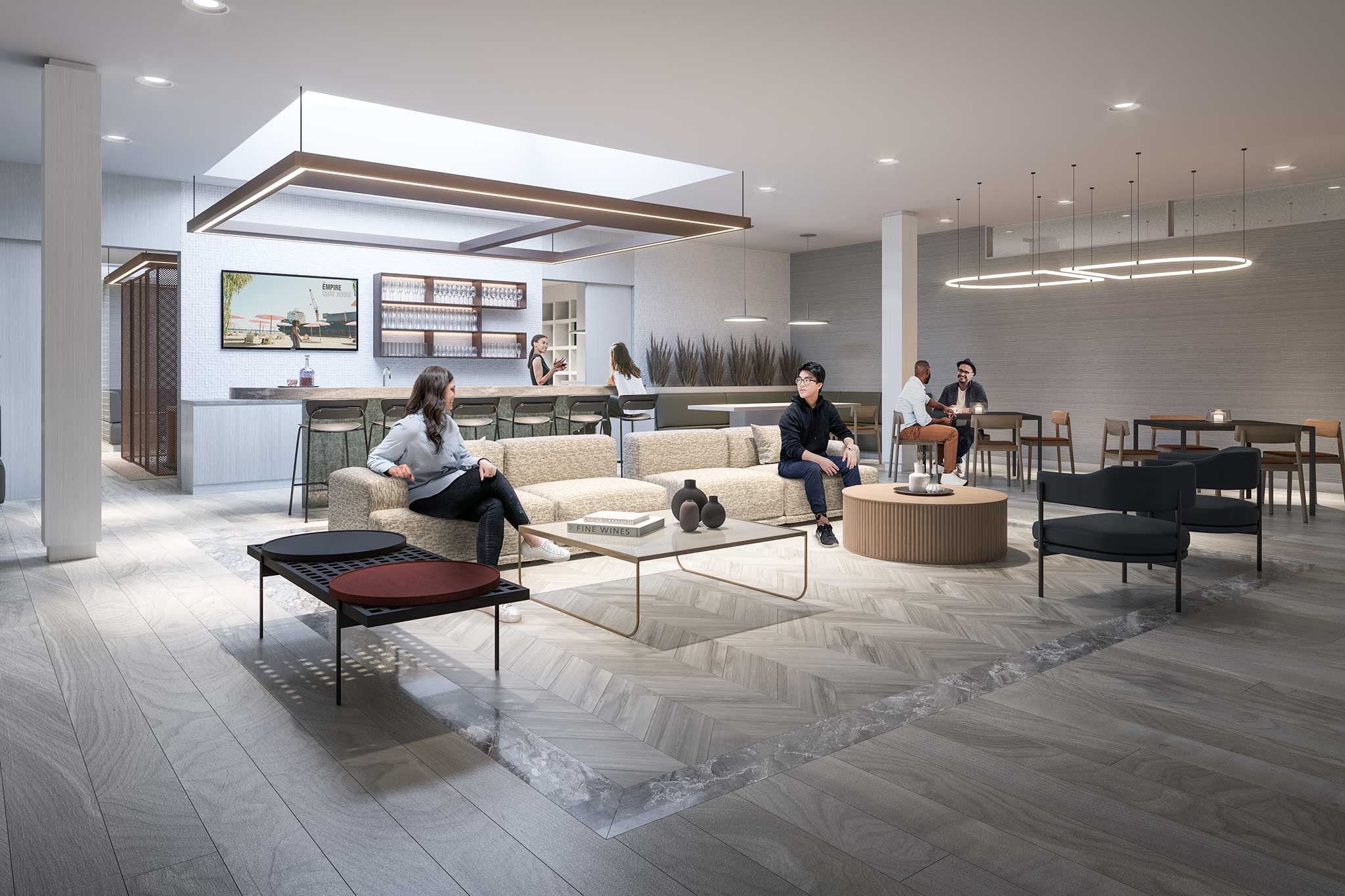 Rendering of Empire Quay House Condos party room.