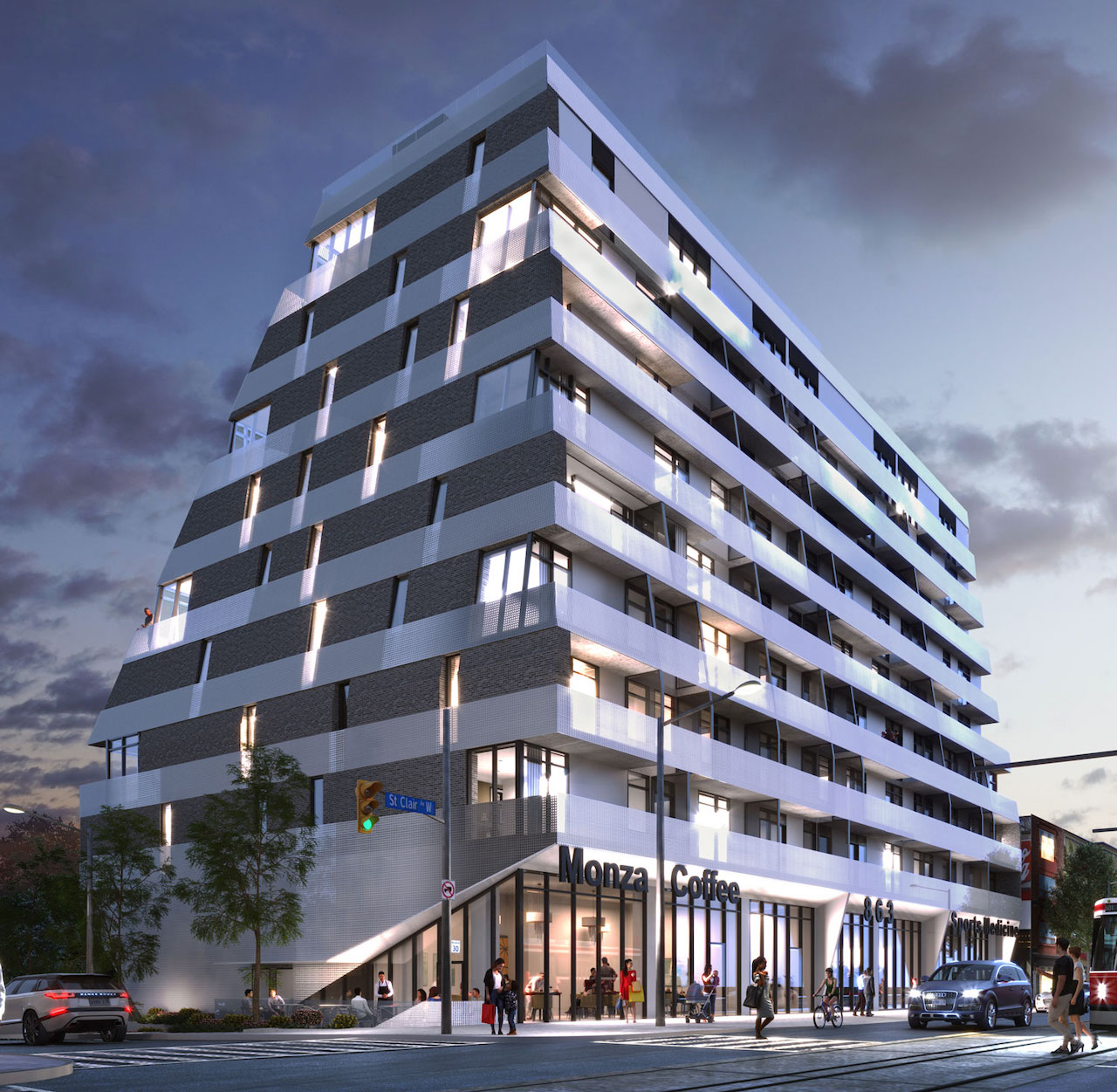 Rendering of Monza Condos exterior at night.
