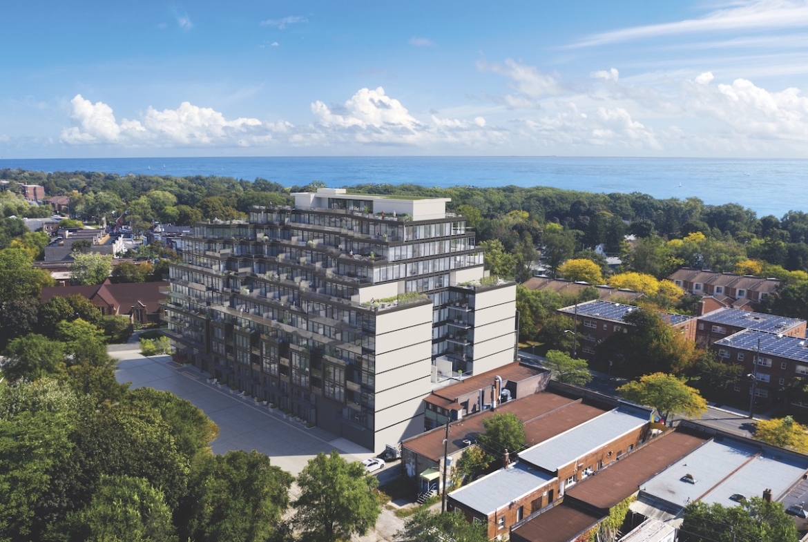 Rendering of The Manderley Condos exterior aerial view with lake.