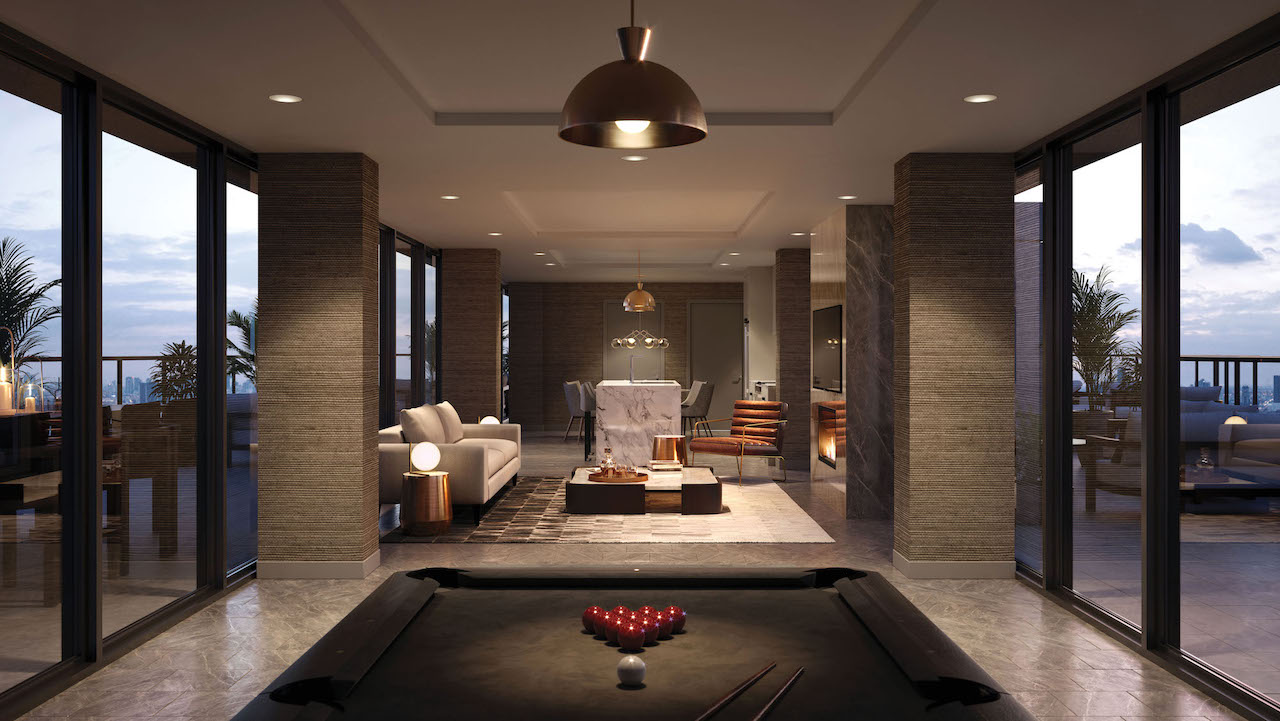 Rendering of The Manderley Condos interior party room.