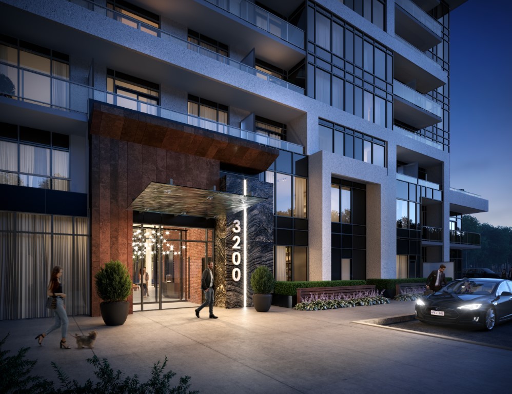 Rendering of Upper West Side Condos courtyard entry at night.