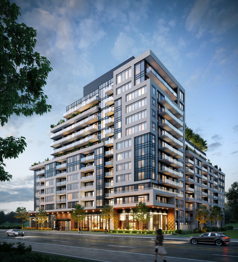 Rendering of Upper West Side Condos full exterior at dusk.