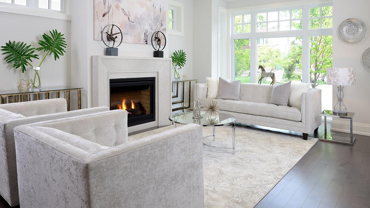 Living room with fireplace rendering for Elmwood Homes.