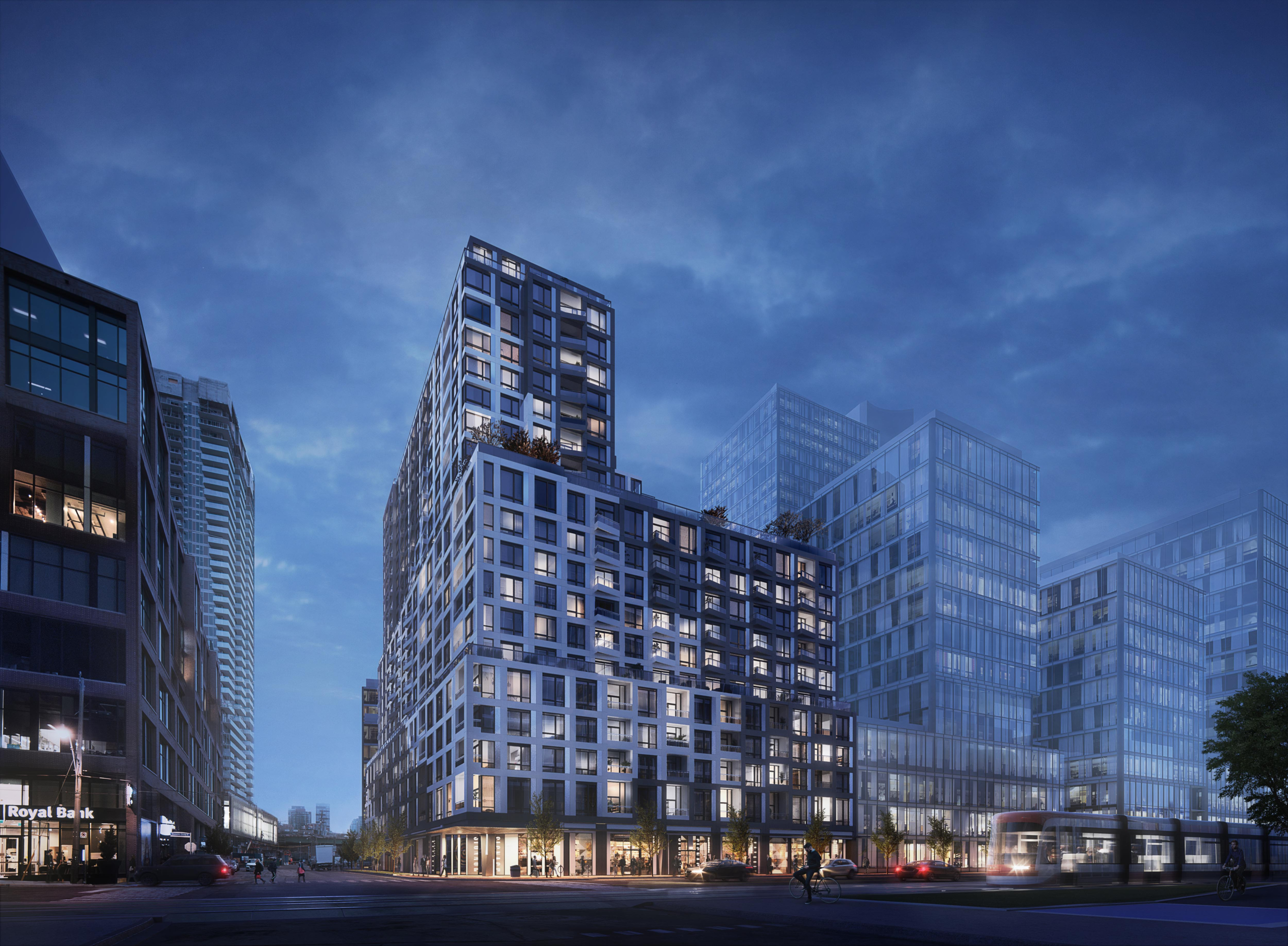 Rendering of Empire Quay House Condos exterior at night.