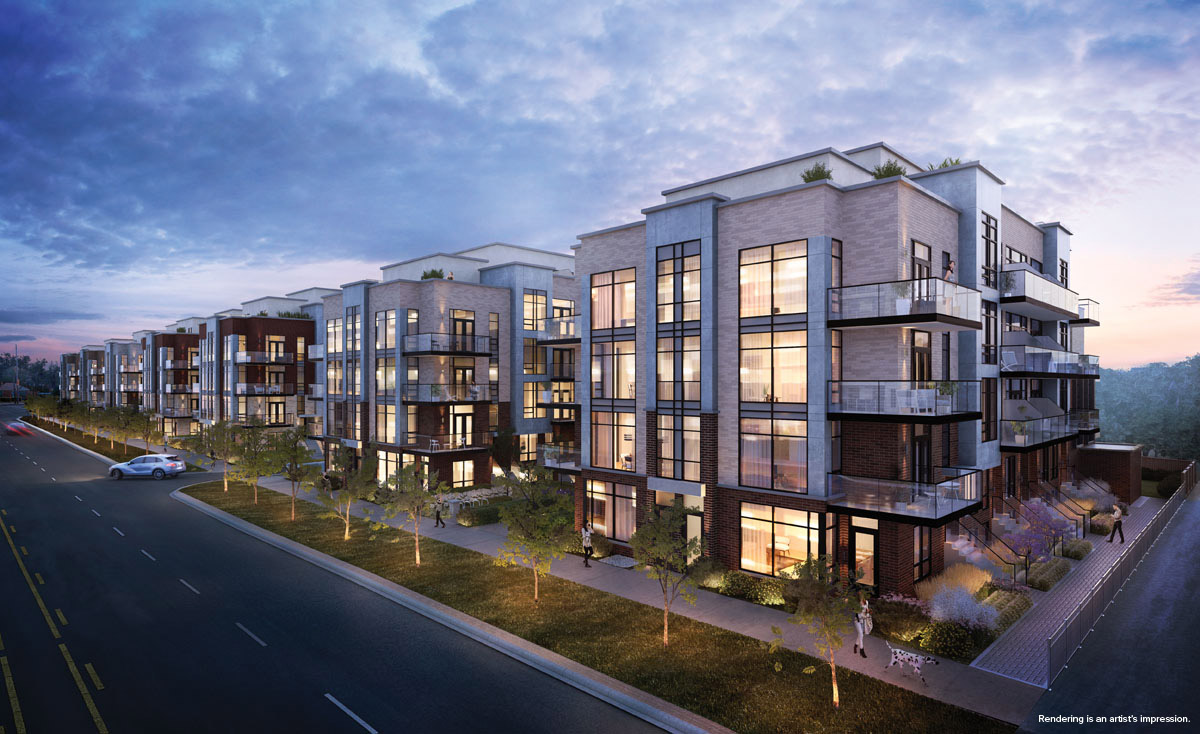Rendering of Greenwich Village Towns at dusk