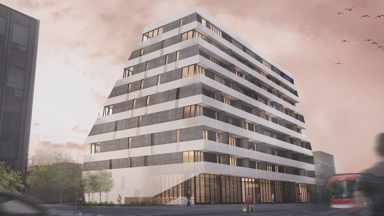 Rendering of Monza Condos full building exterior.