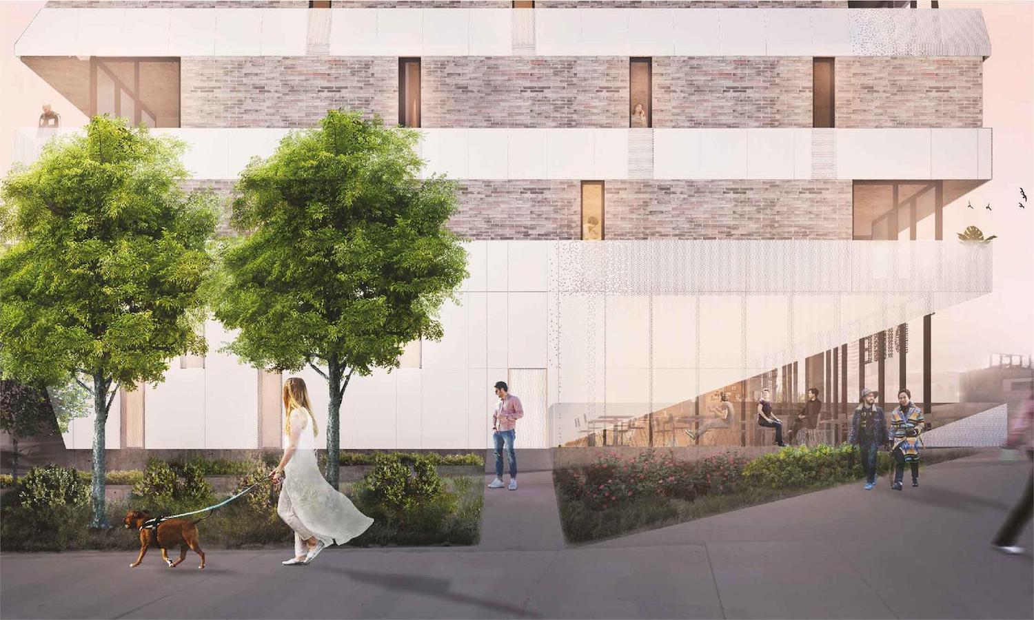 Rendering of Monza Condos building exterior and sidewalks.