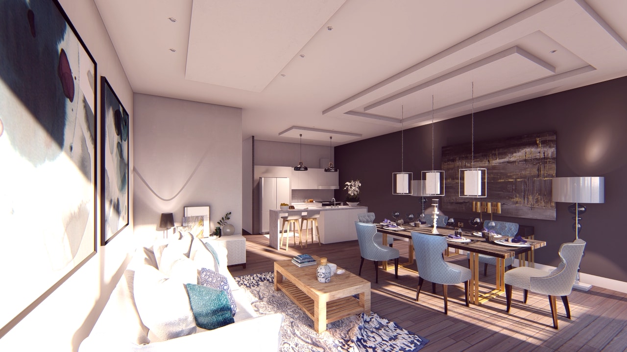 Interior living area rendering of Nahid on Broadview.