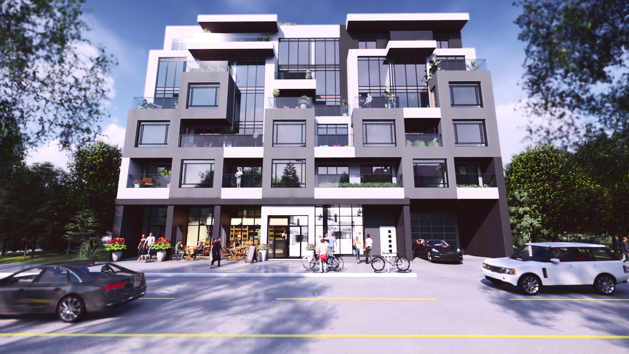Street-view exterior rendering of Nahid on Broadview