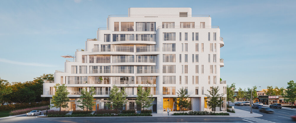 Rendering of Reina Condos exterior side-view.