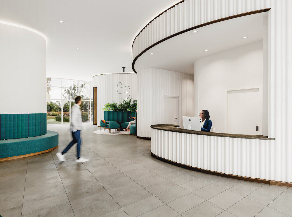 Rendering of Reina Condos lobby with concierge.