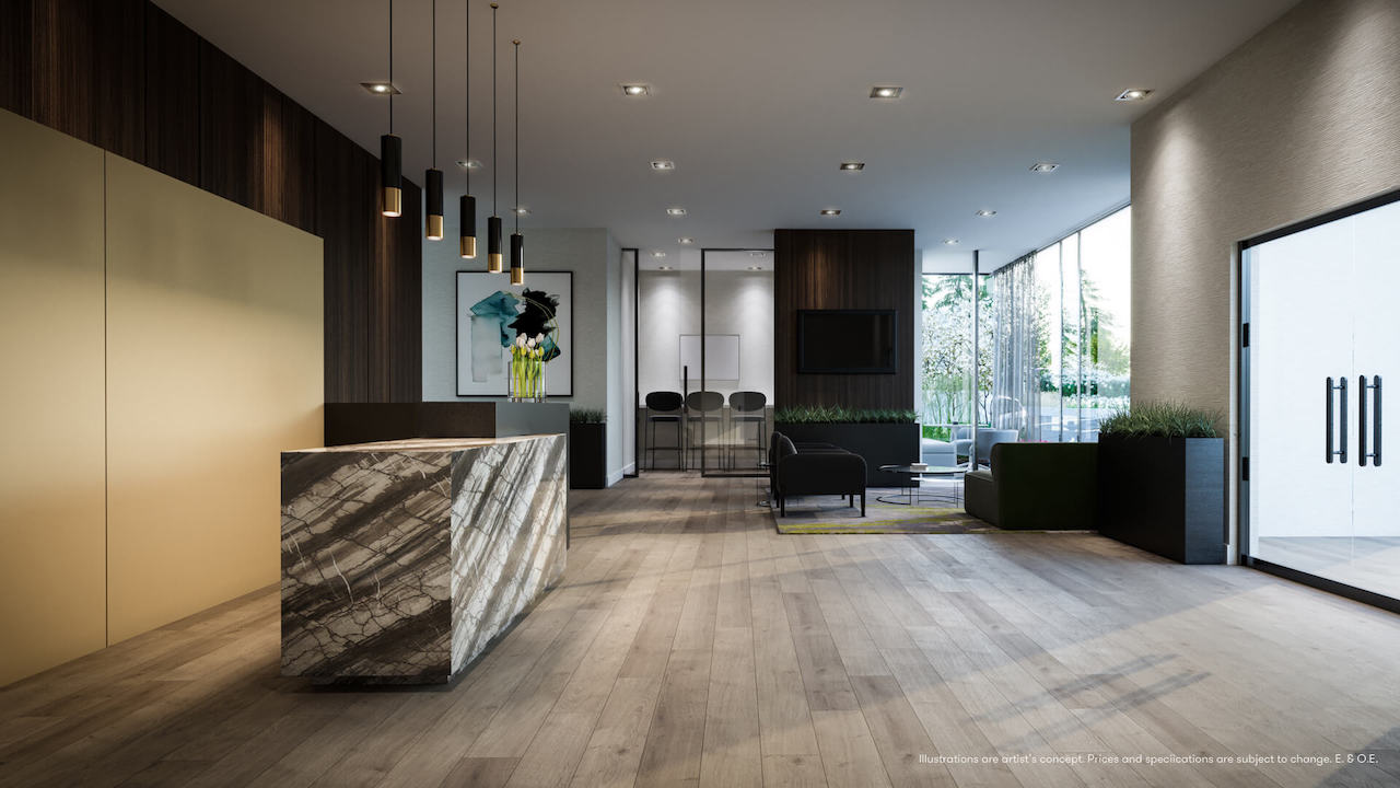 Rendering of Connectt Condos lobby with concierge desk.