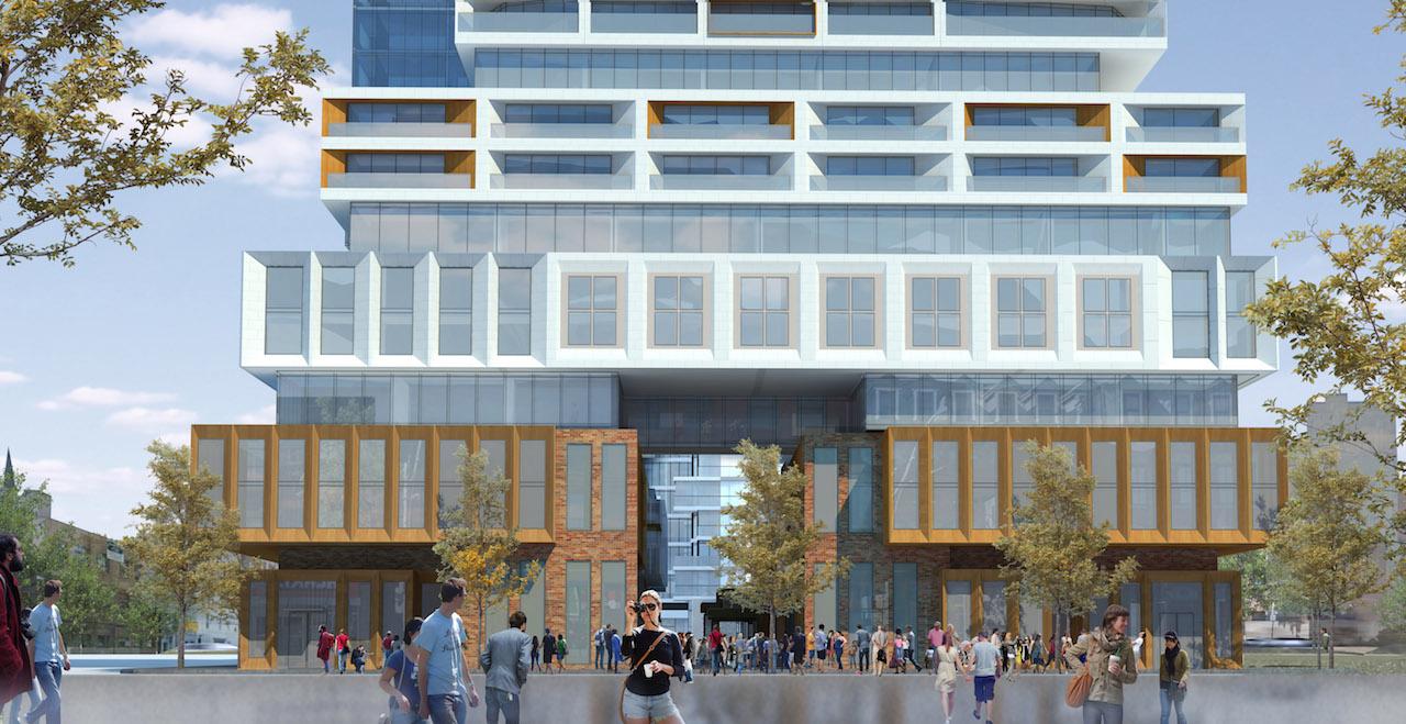 Rendering of 88 East Condos building at street level with retail.