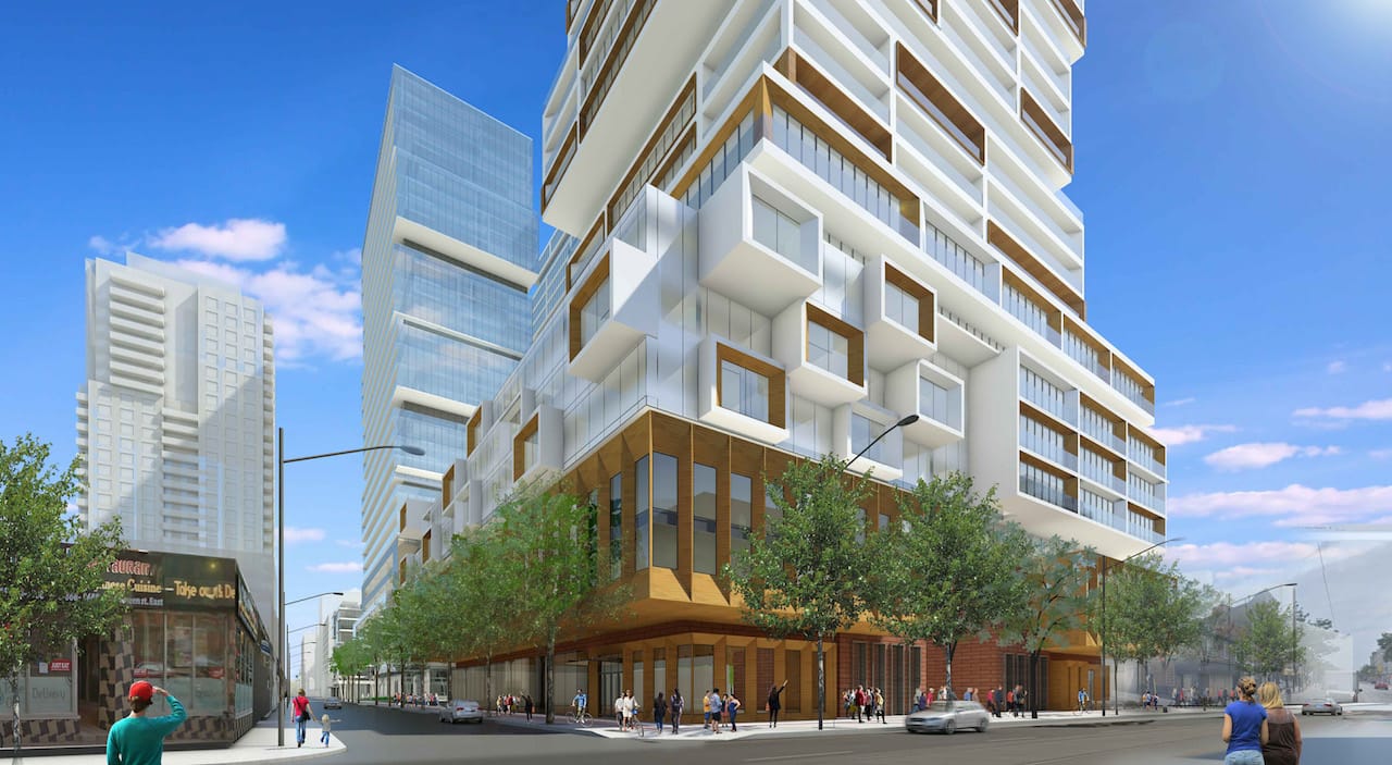Partial exterior rendering of 88 East Condos.