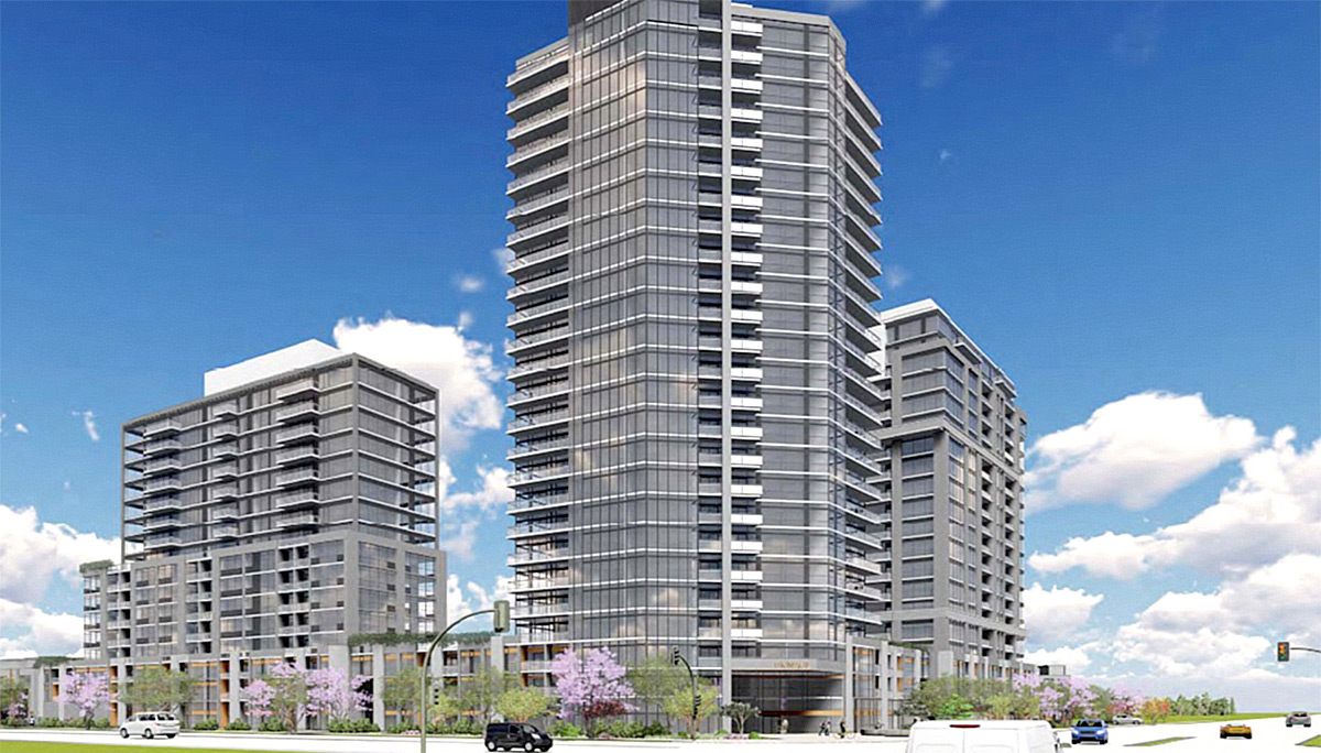 Exterior rendering of Connectt Milton Condos and Townhouse 3 Towers