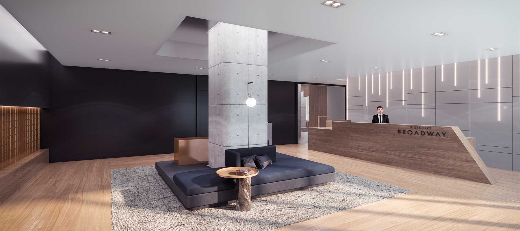 Lobby rendering of Sixty-Five Broadway Condos.