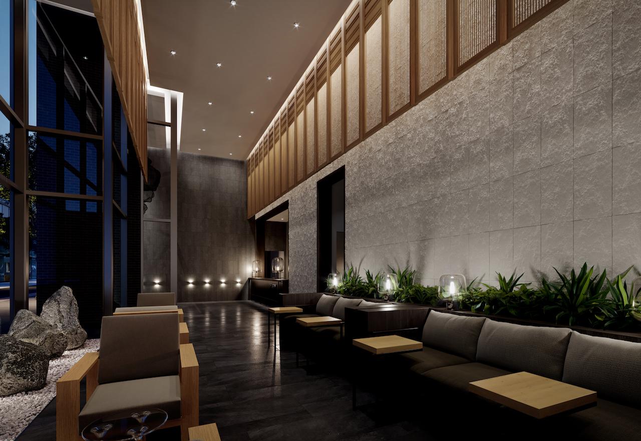 The Saint Condos interior lobby at night
