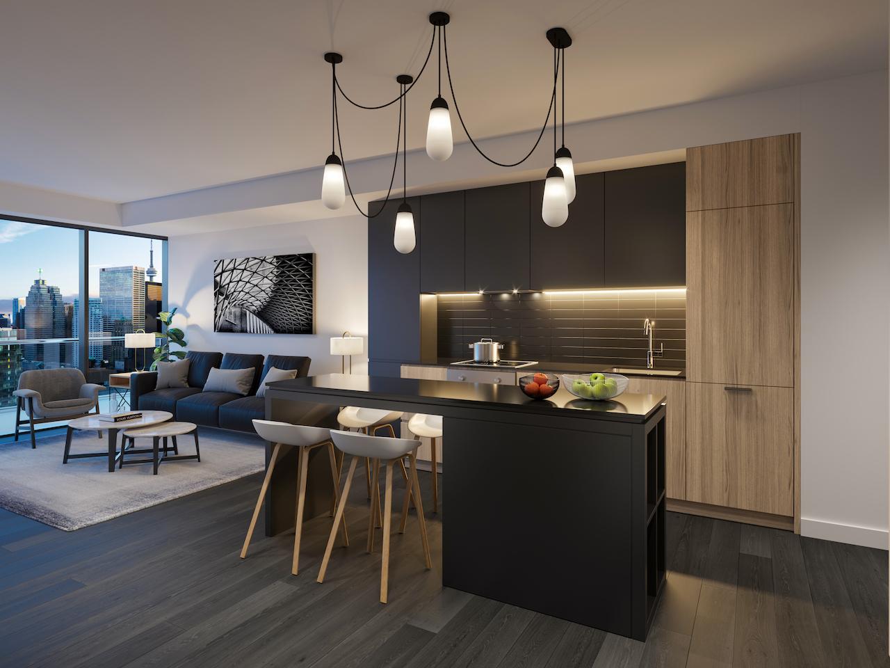 The Saint Condos interior suite kitchen and living room