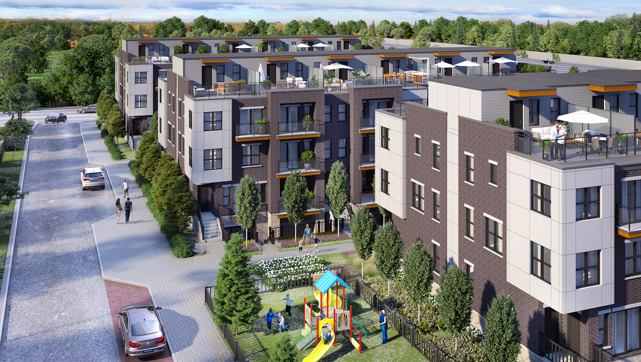 Rendering of 20Twenty Towns building exterior with playground.
