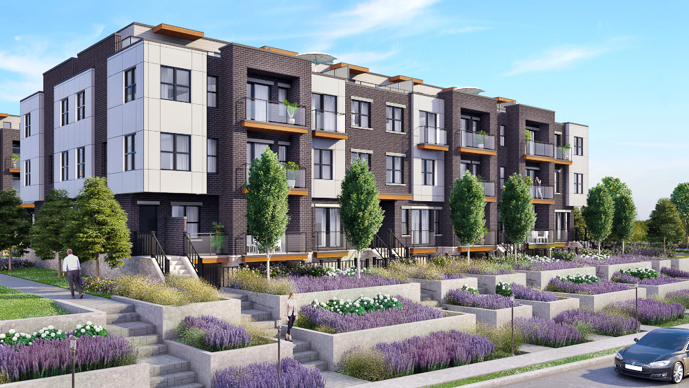 Rendering of 20Twenty Towns building exterior with lavender garden.