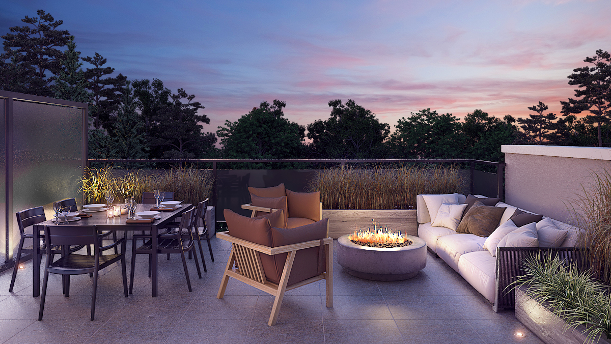 Rendering of 20Twenty Towns suite terrace at dusk.