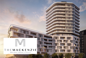 Exterior rendering of The Mackenzie Condos with logo overlay.