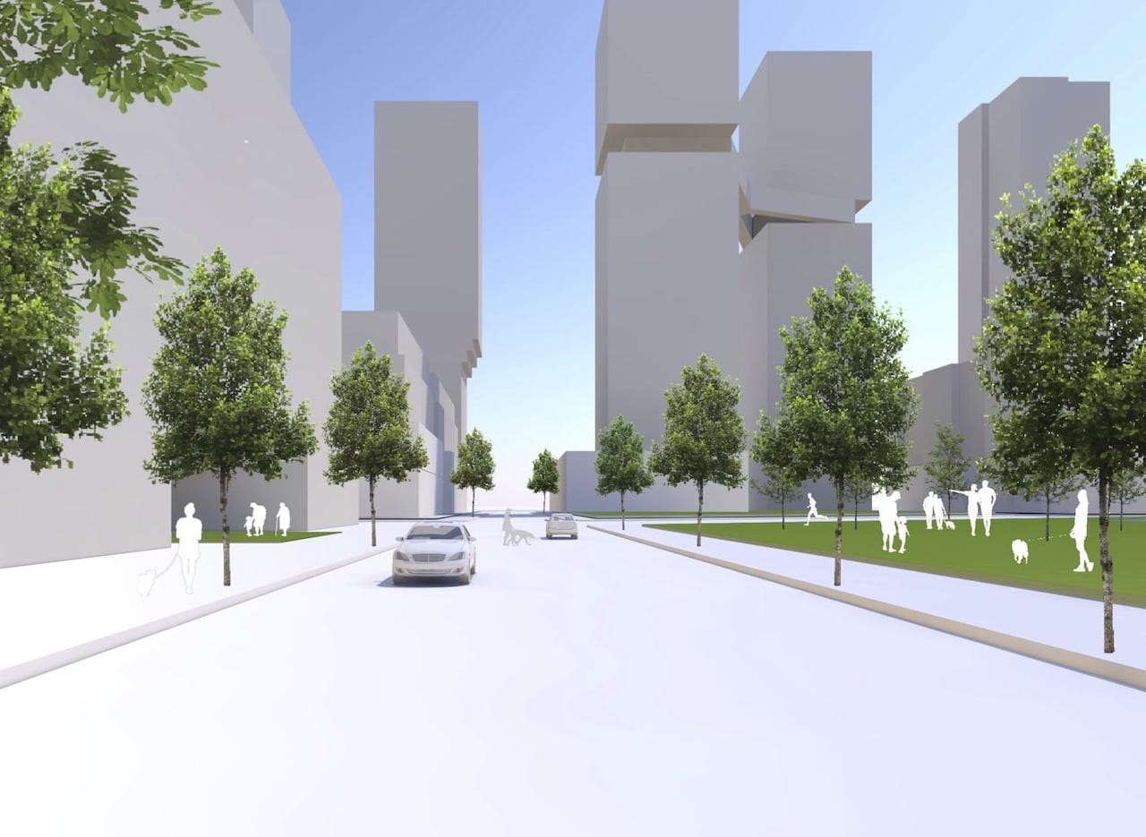 Rendering of 1900 Eglinton East Condos East/West Green Mews connect neighbourhoods to the park