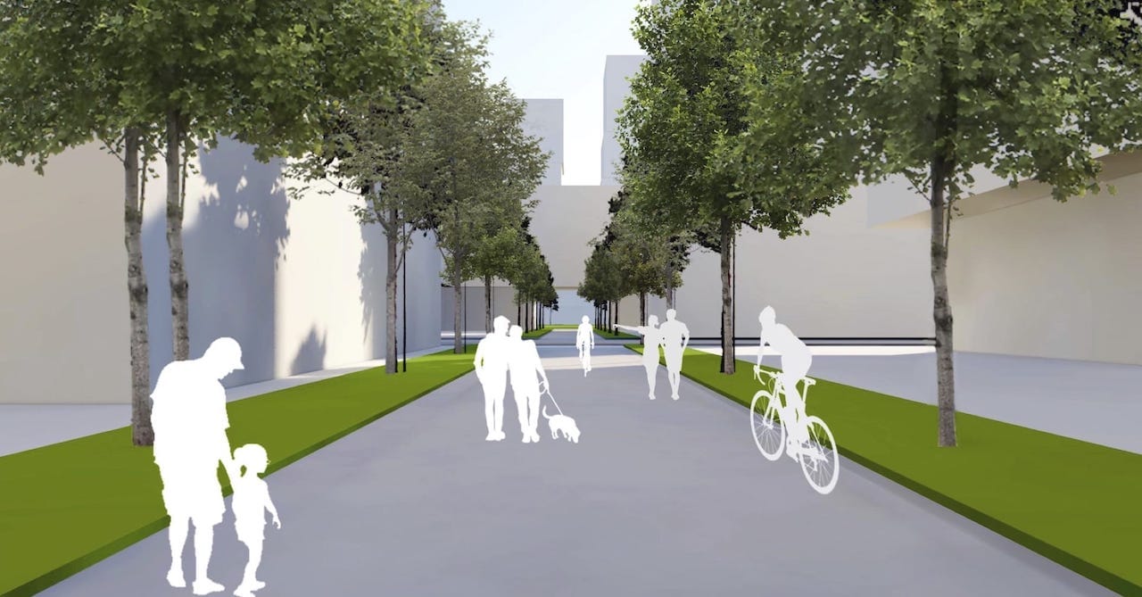 Rendering of 1900 Eglinton East Condos with Green Mews connecting all blocks throughout the development.
