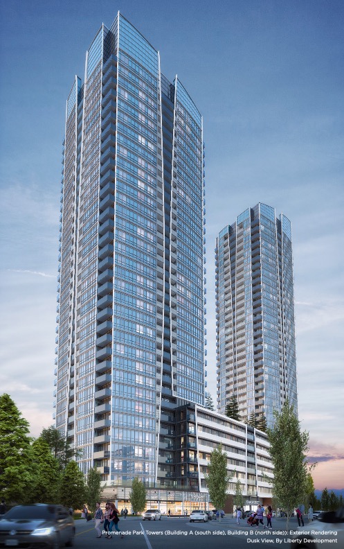 Angled rendering of Promenade Park Towers at dusk.