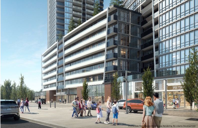 Rendering of Promenade Park Towers outdoor retail with people walking around.
