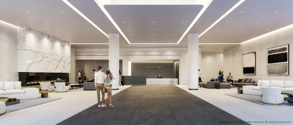 Rendering of Promenade Park Towers lobby and lounge.