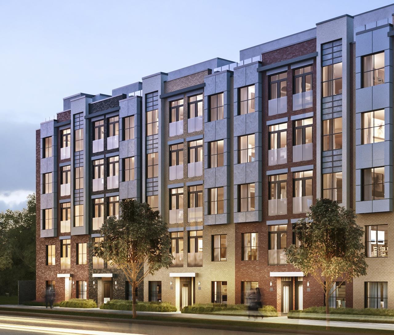 Exterior rendering of Clanton Park Towns with street view in the evening.