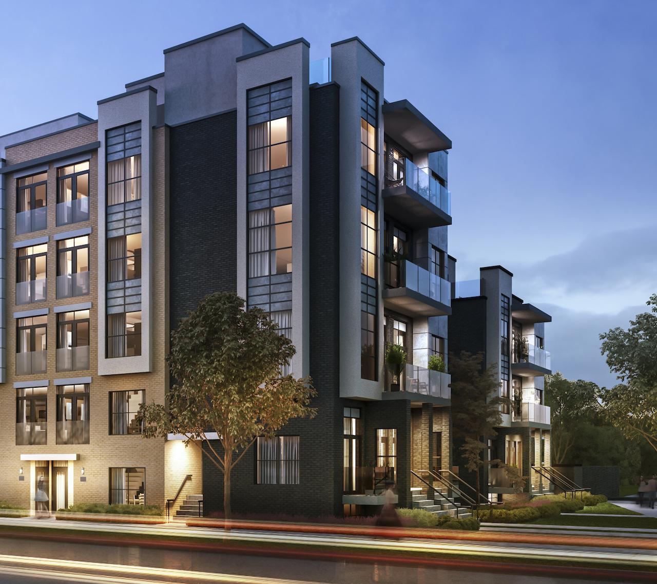 Exterior side-view rendering of Clanton Park Towns in the evening.