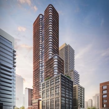 Four Eleven King Condos exterior with surrounding cityscape.
