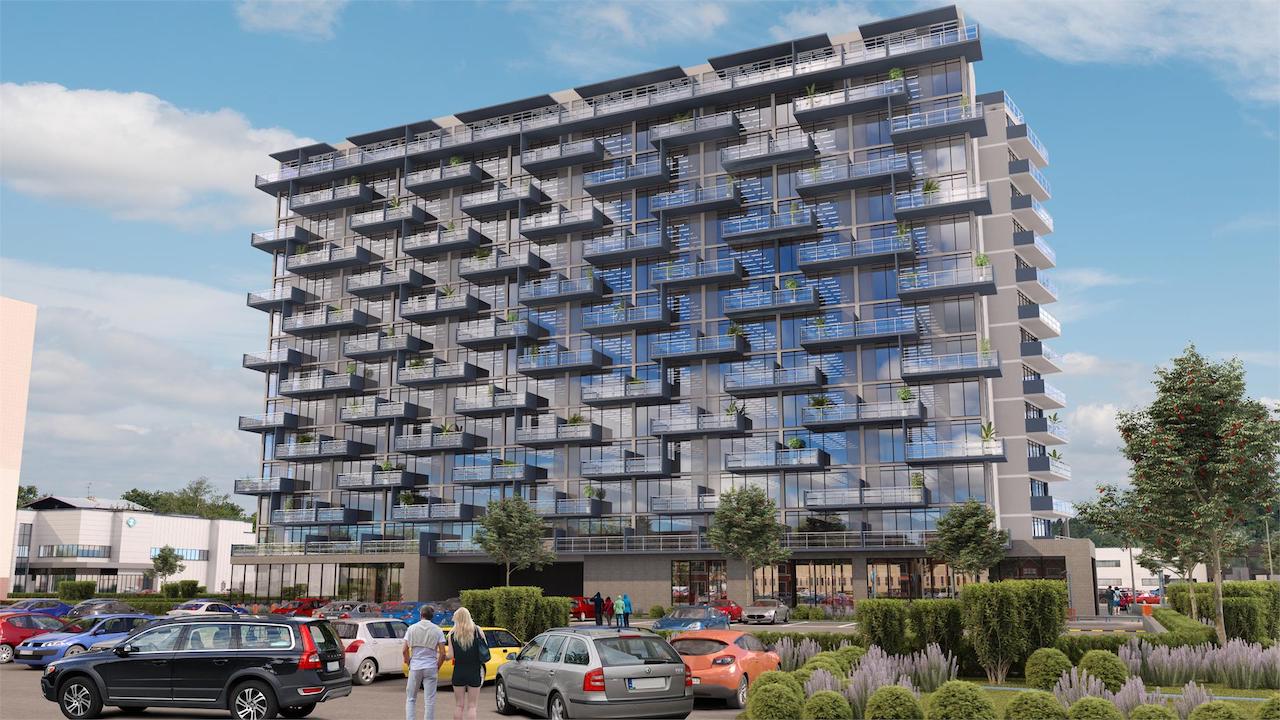 Exterior rendering of LJM Tower Condos and front parking area.