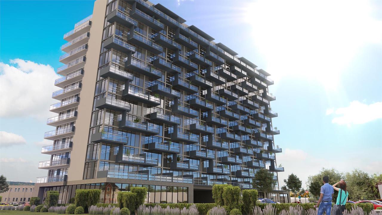 Angled exterior rendering of LJM Tower Condos.