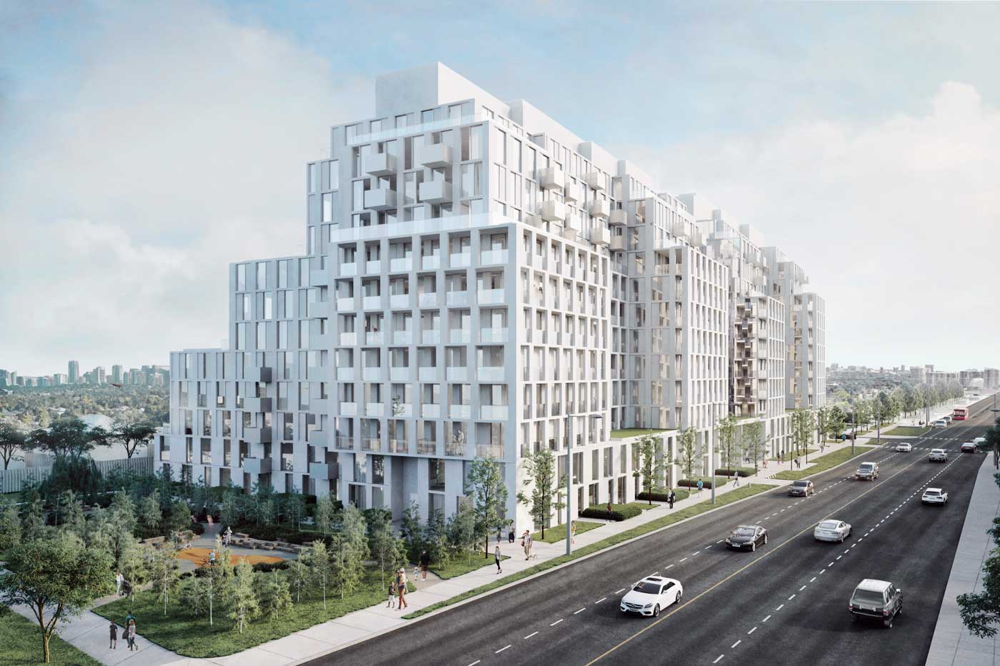 Exterior rendering of Nordic Condos during the day.