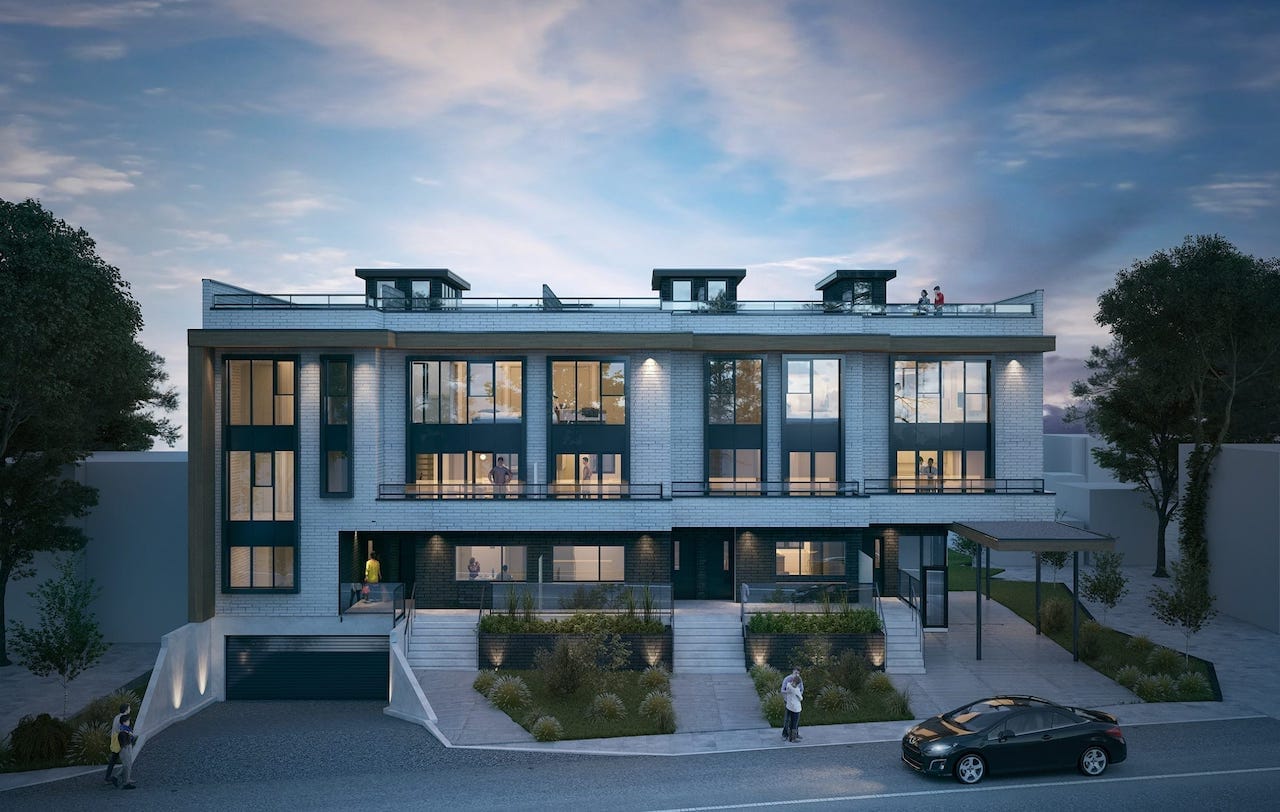 Exterior rendering of Preeminent Lakeshore at dusk.