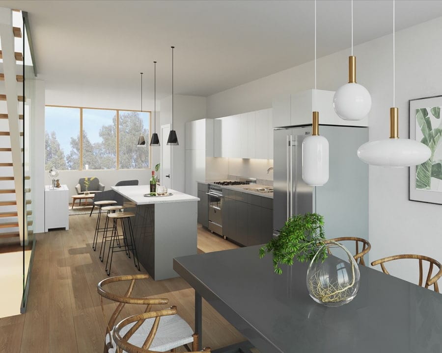 Interior suite kitchen rendering of Preeminent Lakeshore townhouses.