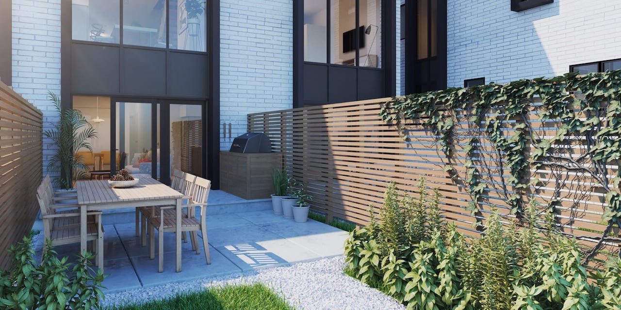 Exterior patio rendering of Preeminent Lakeshore townhouses.