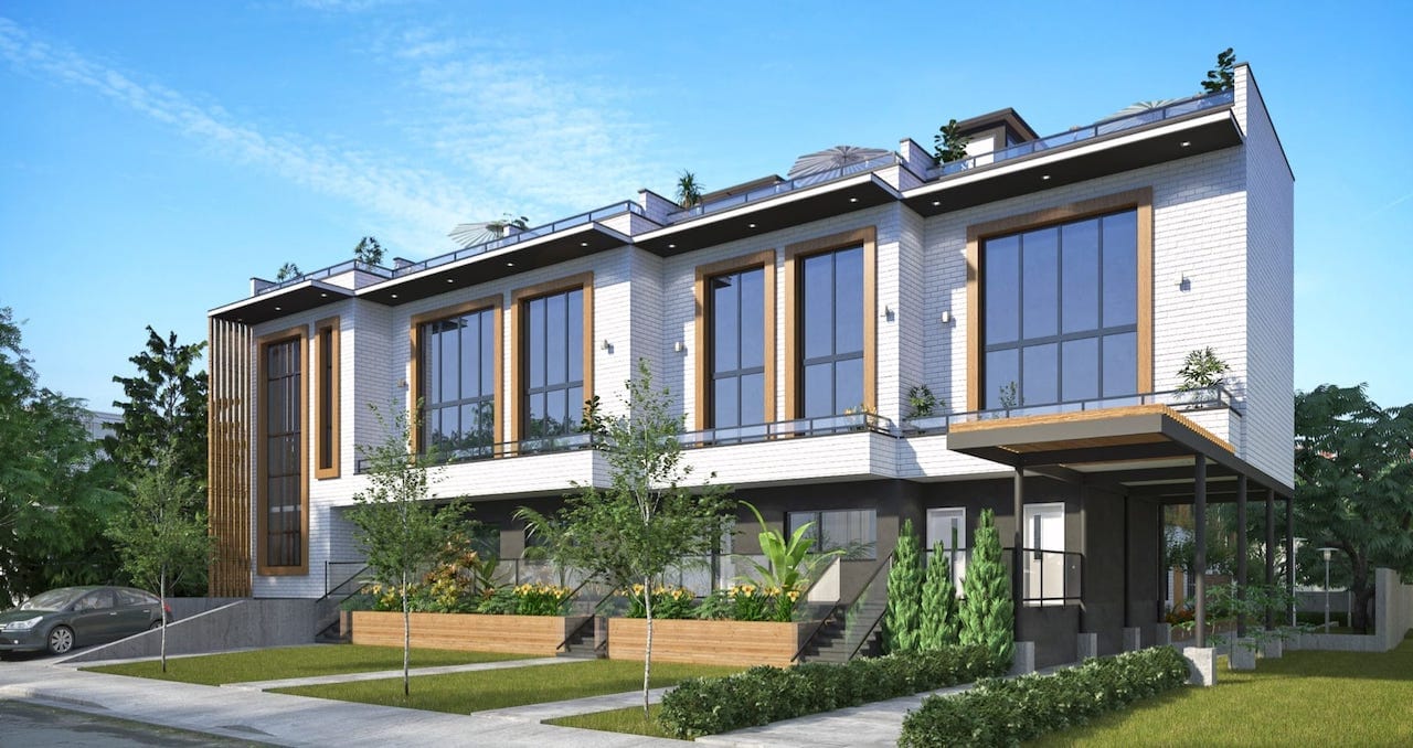 Exterior rendering of Preeminent Lakeshore townhouses and garden area.