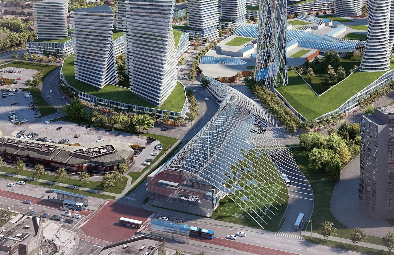 Exterior rendering of Promenade Park Towers revitalized transit hub.